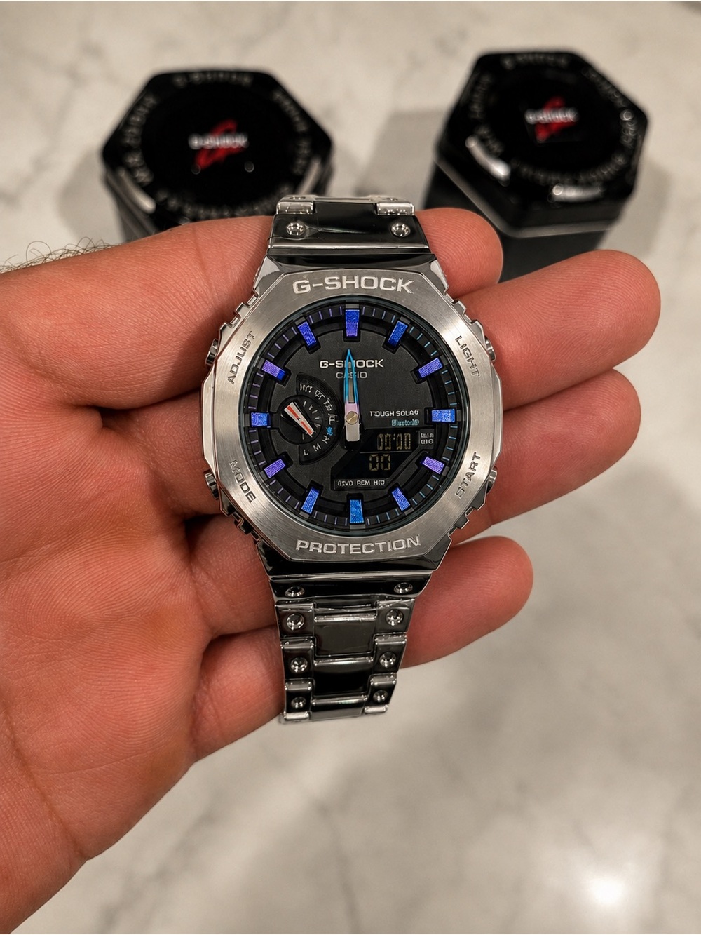 G-Shock Silver Stainless Steel Watch with Blue Accents